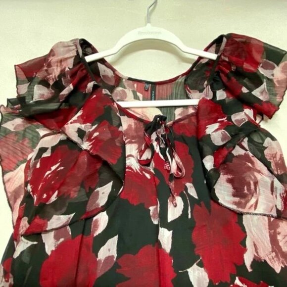 Maurices Blouse Women's Medium Red Black Layered Short Sleeve Fully Lined V-Neck - Picture 9 of 9